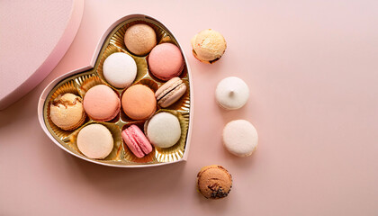 A charming light blush heart-shaped box with gold flecks holds delicious pralines, elegantly displayed on a polished glass surface, inviting love and romance