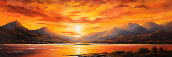 Landscape Acrylic Painting Stock Photo - Brilliant Sunset Over Calm Waters and Mountain Silhouette