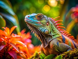 Obraz premium Colorful Iguana Tilt-Shift Photography - Miniature World Reptile Scene