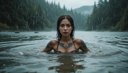 Fototapeta premium Mysterious woman immersed in tranquil rain-soaked forest lake.