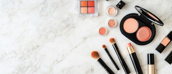 Flatlay of Makeup Brushes, Eyeshadow Palette, and Peachtoned Cosmetics on Marble