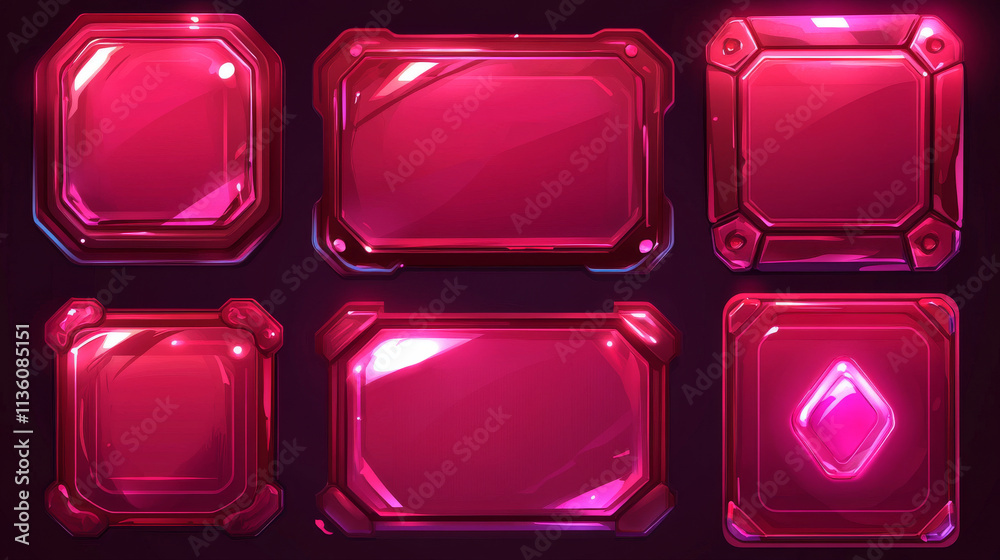 Poster glossy pink boards with buttons for game interface design. vector cartoon set of shiny plastic ui el