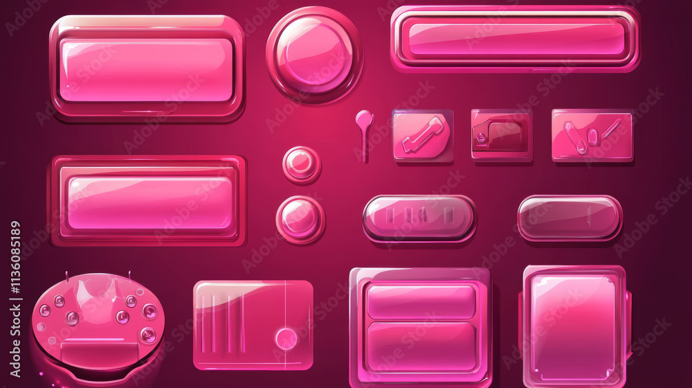 Poster glossy pink boards with buttons for game interface design. vector cartoon set of shiny plastic ui el
