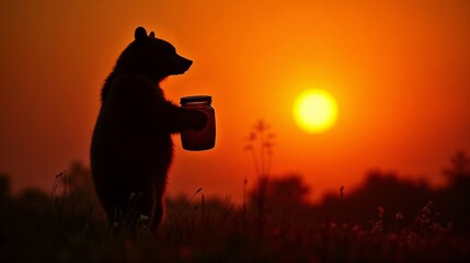 Silhouette of a bear holding a jar against a vibrant sunset in a natural setting