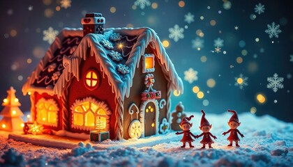 Gingerbread House Surrounded by Glowing Snowflakes and Tiny. Dancing Christmas Elves. Free Christmas Background. Chrismas Wallpaper. Cool Wallpaper 4k
