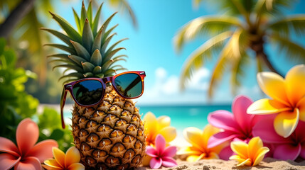 Pineapple wearing sunglasses sits on sandy beach surrounded by colorful flowers under clear blue sky