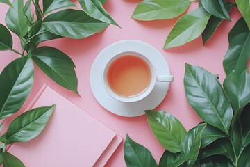 A refreshing flat-lay composition featuring a cup of tea and a pink notebook surrounded by lush green tropical leaves on a soft pastel pink background.