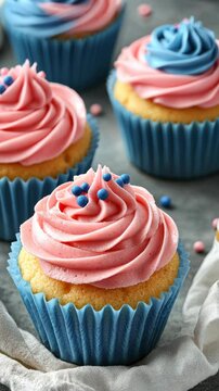 Delicious cupcakes with pink and blue frosting topped with colorful sprinkles on a neutral background