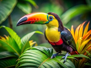Naklejka premium Colorful Toucan Bokeh Photography: Vivid Bird, Lush Leaf, Red Beak, Green Body, Tropical Bird, Wildlife Photography, Nature Photography, Bokeh Effect