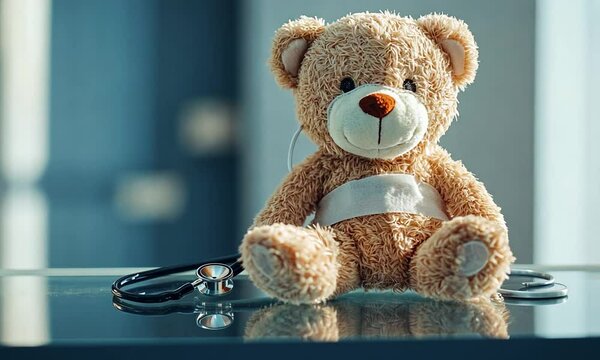 A charming teddy bear with a bandage sits on a glass table with a stethoscope, symbolizing care, comfort, and healing in a pediatric healthcare setting