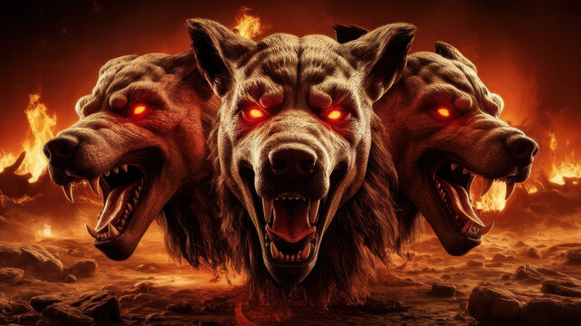 A fierce three-headed hellhound with glowing red eyes, surrounded by flames and dark, smoky textures, creating an intense and ominous atmosphere.