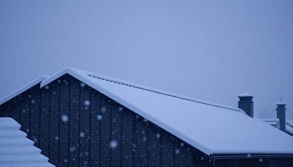 Fototapeta premium Snow-Covered Rooftops with Christmas Lights Shining Through Soft Falling Snow. Free Christmas Background. Chrismas Wallpaper. Cool Wallpaper 4k