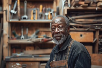 Experienced craftsman working in a rustic workshop filled with tools and materials.