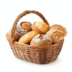 Composition with bread and rolls in a wicker basket isolated on white. 