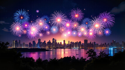 Welcome the New Year with breathtaking fireworks! Explosions of vivid colors illuminate the night sky, casting a magical glow over a cityscape. Celebrate new beginnings in a stunning visual spectacle.
