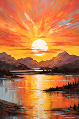 Landscape Acrylic Painting Stock Photo - Brilliant Sunset Over Calm Waters and Mountain Silhouette