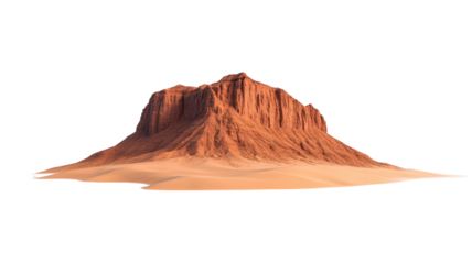 A rugged, reddish rock formation rises prominently, showcasing its unique layers and textures.