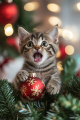 Obraz premium Cute kitten exploring a Christmas tree decorated with ornaments