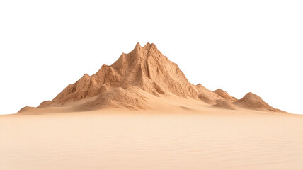 A desert landscape features a rugged mountain peak against a black background, showcasing a unique blend of textures and colors.