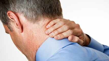 Fototapeta premium Tired individual massages neck office setting candid photo professional environment close-up view stress relief concept