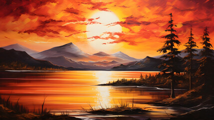 Landscape Acrylic Painting Stock Photo - Brilliant Sunset Over Calm Waters and Mountain Silhouette