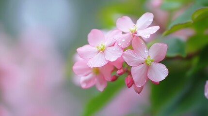 Delicate Pink Blossom Flowers with Dew Drops in Soft Focus : Generative AI