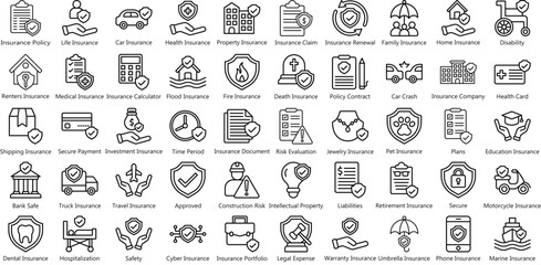 Insurance Icons Set in Outline Style 50 Vector Icons in Black
