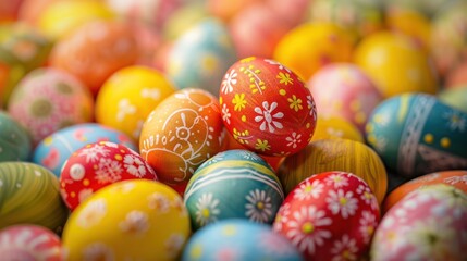 Fototapeta premium colorful assortment of beautifully decorated Easter eggs, featuring intricate patterns and vibrant hues creating a festive and cheerful atmosphere.