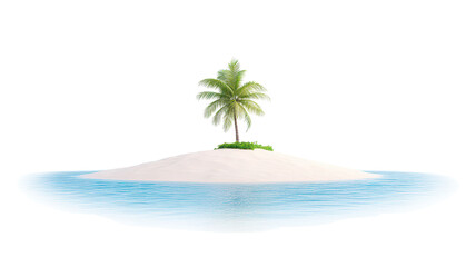 A small, sandy island featuring a single palm tree surrounded by calm, blue waters.