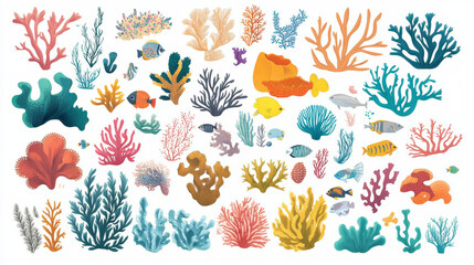 Seaweed and coral cartoon vector illustration set. Underwater ocean and aquarium plants and creatures. Various aquatic colorful marine algae and oceania sponge. Wildlife natural seabed flora.