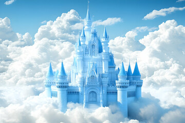 Fototapeta premium Majestic light-blue castle sits atop fluffy white clouds against a bright blue sky.