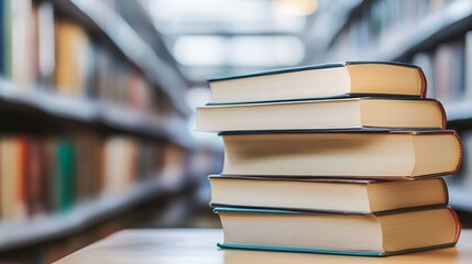 Stack of hardcover books on a library table symbolizing knowledge and education : Generative AI