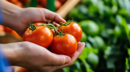 Freshly Harvested Ripe Red Tomatoes Held in Hands in Vibrant Local Farmers Market Setting : Generative AI
