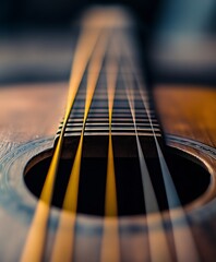 Closeup of acoustic guitar strings and sound hole with dramatic lighting : Generative AI