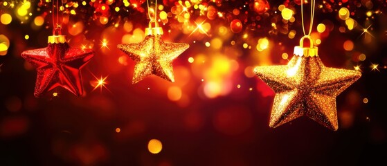 Sparkling Red and Gold Star Ornaments Hanging Against Festive Bokeh Background
