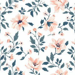 Fototapeta premium Seamless pattern with flowers and leaves, floral background, romantic background