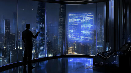 Man in futuristic office overlooking illuminated city at night, viewing digital code on large screen.