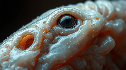 A close-up view of a white and orange snake eye showcasing its vibrant colors and intricate skin texture.