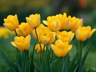 Obraz premium Vibrant Yellow Tulips Blooming in Lush Spring Garden Setting : Generative AI