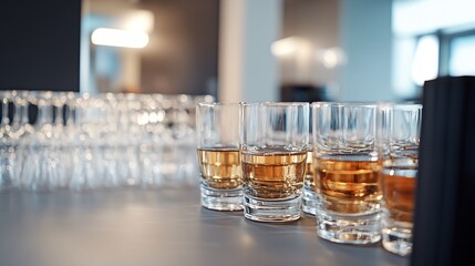 Whiskey Glasses Arranged Elegantly on Modern Bar Counter for Sophisticated Beverage Presentation : Generative AI - Powered by Adobe