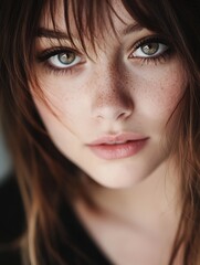 Fototapeta premium Portrait of Young Woman with Freckles and Thoughtful Expression : Generative AI