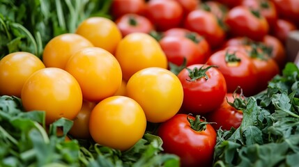 Closeup of vibrant tomatoes with lush greens on display at a local farmers market promoting healthy living : Generative AI