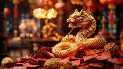 chinese new year golden serpent coiled atop pile of red envelopes, symbolizing prosperity and good fortune. warm ambiance enhances festive atmosphere