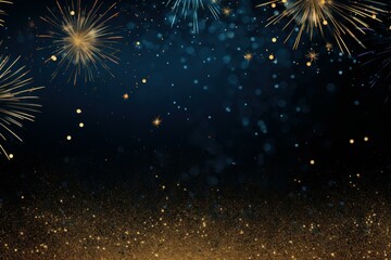 Obraz premium Golden fireworks exploding against a dark blue night sky with golden glitter, perfect for celebrations, holidays, and festive occasions