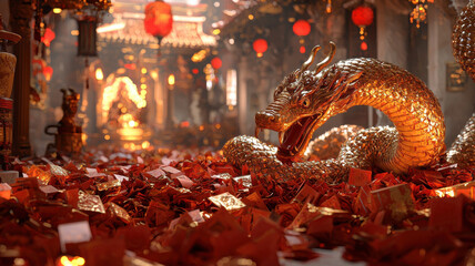chinese new year golden serpent coils among large pile of red envelopes, symbolizing prosperity and fortune in vibrant temple setting. atmosphere is festive and enchanting