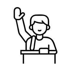 hand raising student icon, back to school line art, education icon - simple black line art icon of hand raising student, symbolizing back to school celebrations. education vector art.