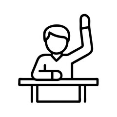 hand raising student icon, back to school line art, education icon - simple black line art icon of hand raising student, symbolizing back to school celebrations. education vector art.