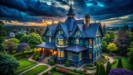 Obraz premium Dark Blue Victorian House Aerial Photography: Stunning Birds-Eye View of Gothic Architecture