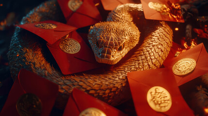 chinese new year golden snake coiling gracefully among red envelopes and gold coins, symbolizing prosperity and fortune. scene radiates mystical and festive atmosphere
