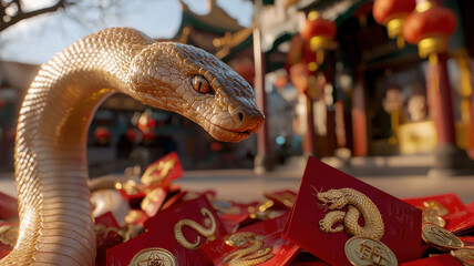 chinese new year shining golden snake coiling gracefully around red envelopes and coins, symbolizing prosperity and good fortune in festive setting